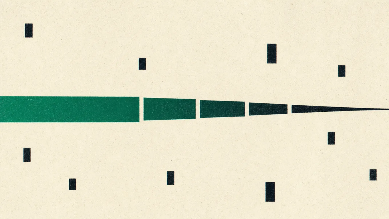 A broad band entering from the left, narrowing as it passes through a series of gaps until it is a thin line.